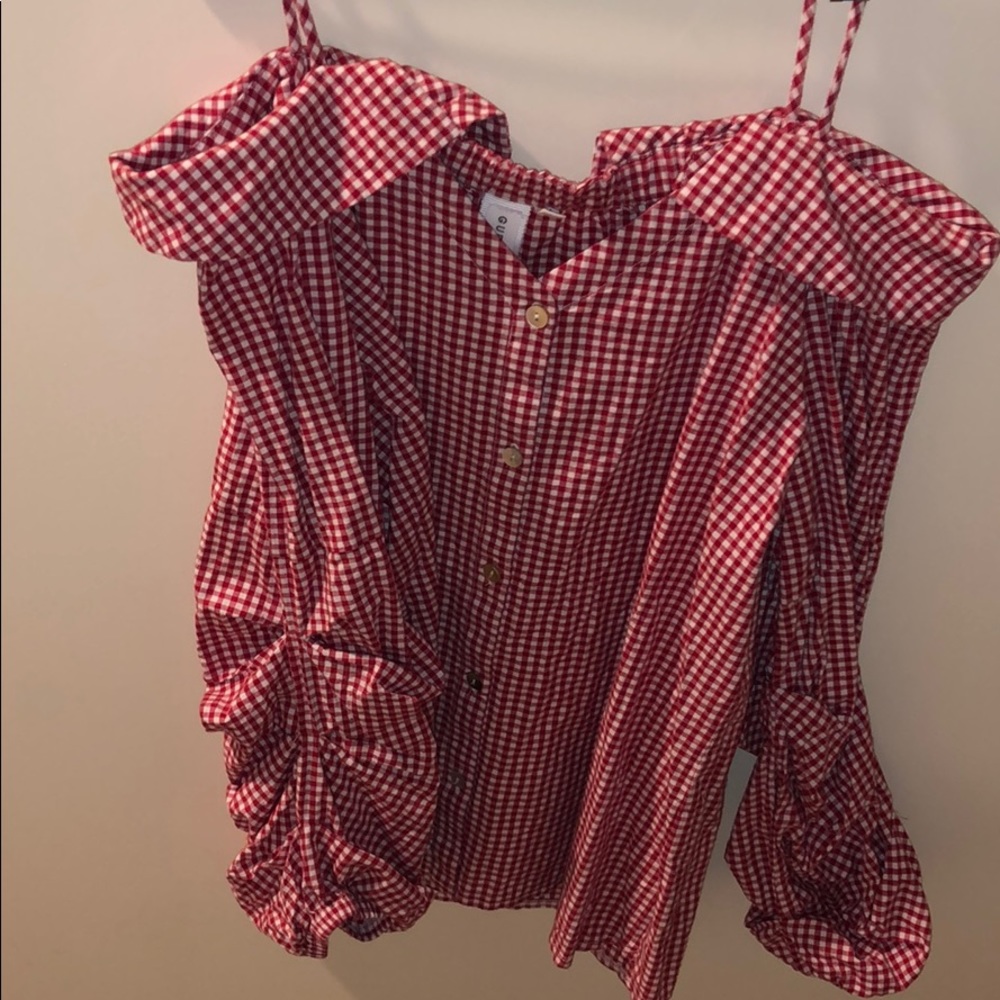Red & white checked off-the-shoulder Anthro blouse